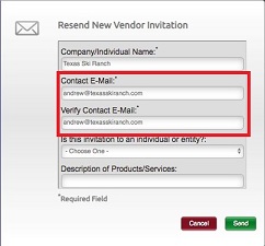 Screen shot highlighting the contact email address in "Resend New Vendor Invitation" screen.